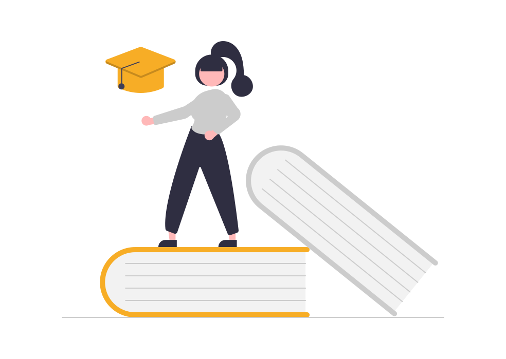 girl standing on the books
