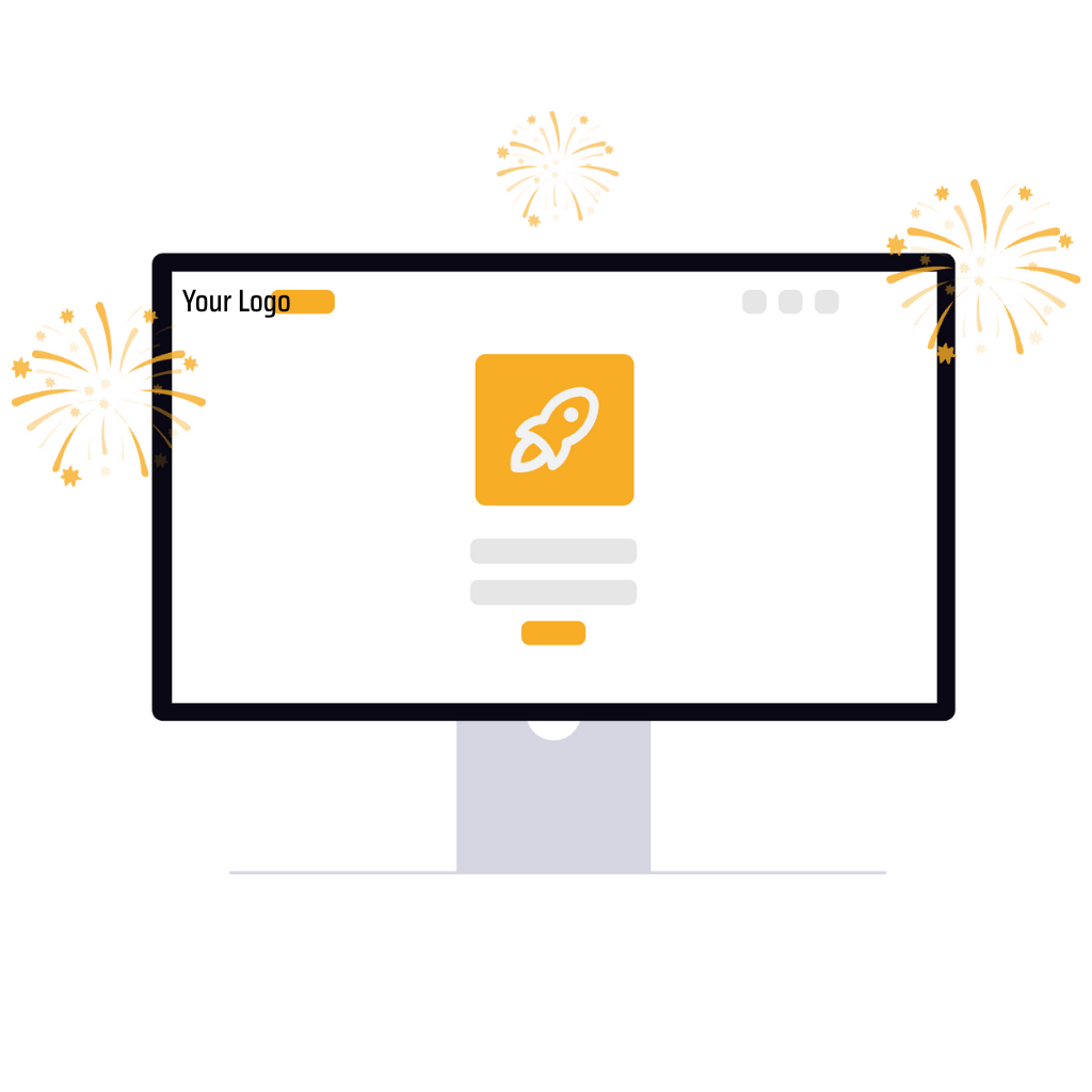 computer screen with launch emoji and your logo